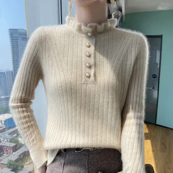 100% свитер из чистой шерсти с женским воротником из грибка осенью и зимой, новый вязаный приталенный низ со свитером из кашемира внутри.