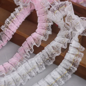 20 ярдов / лот белый розовый собранный сетчатый кружево 3,5 см широкий двухслойный органза плиссированная оборка отделка лента DIY Игрушки Кукла Платье