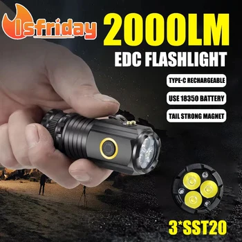 2000LM Мини Светодиодный фонарик Мощный портативный 3LED Сверхсильный свет 18350 Встроенный аккумулятор USB Перезаряжаемый с магнитным фонариком