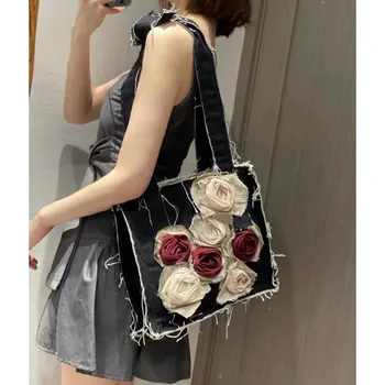 2023 Винтаж 3D Роза Пэчворк Женская сумка через плечо Японская Harajuku Y2k Эстетическая повседневная сумка Фея Гранж Дизайнерская сумка