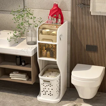 2023 Держатель для хранения Кухня Ванная комната Шовный шкаф Стеллаж для ванной комнаты Туалетный шкаф Шкафчик для туалета с корзиной для белья