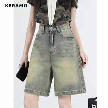 2023 Летние Y2K Harajuku Большие мешковатые джинсовые шорты с высокой талией для женщин Повседневные шорты свободного кроя в стиле гранж Ретро Синие джинсовые шорты