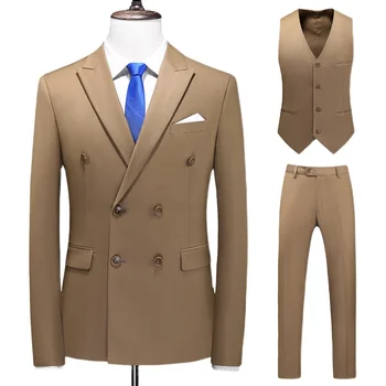 2023 Новый деловой формальный мужской костюм двубортный однотонный классический приталенный смокинг мужские костюмы 3 шт. (жилет + куртка + брюки)