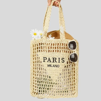 2023 Роскошная дизайнерская женская сумка Большая плетеная соломинка из рафии Вместимость Повседневная сумка-тоут Полые летние сумки для отдыха на пляже