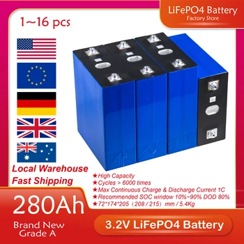 280 Ач 3,2 В Lifepo4 Батарея Перезаряжаемая литий-железо-фосфатная батарея DIY 12 В 24 В 48 В Солнечная батарея для электромобиля Гольф-кар
