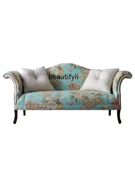 American Landi Flower Solid Wood Fabric Single Double Трехместный диван Мягкая роскошь Ретро Маленькая квартира Arc