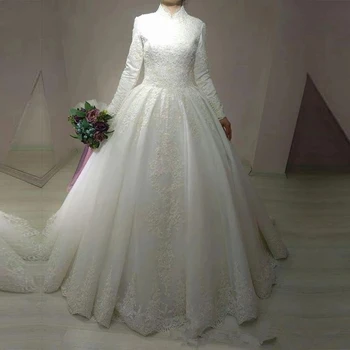 ANGELSBRIDEP Бальное платье с высоким вырезом Свадебные платья Мусульманская мода Аппликация Придворный шлейф Robe de mariee Формальные свадебные платья невесты
