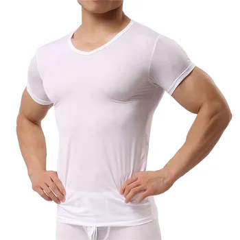 B1777 Мужская нижняя рубашка Ice Silk Футболки Мужские нейлоновые V-образный вырез с короткими рукавами Топы Ультратонкая прохладная нижняя рубашка для сна