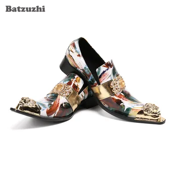 Batzuzhi Роскошная мужская кожаная обувь ручной работы Металлический наконечник Цвет Формальные кожаные туфли для мужского бизнеса, вечеринки и свадьбы!