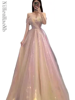 Bling Розовый Элегантные Сладкие Вечерние Платья 2023 Лето Лодочка Шея Тонкая Талия Выпускной Vestidos Свадебное платье