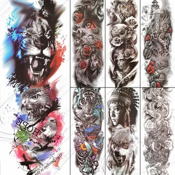 DIY Full Arm Temporary Tattoo Stickers 48x17 см Большая акварель Тигр OWL Водонепроницаемая большая бумага для татуировок для женщин Мужчины Девушки Искусство