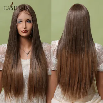 EASIHAIR Blonde Mixed Brown Lace Front Wigs Длинные прямые натуральные парики для женщин Шелковое кружево Фронтальный синтетический парик Термостойкий