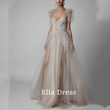Ella A-Line Вечернее платье Шапочка Рукав V-образный вырез Кружевная аппликация Простое элегантное свадебное платье Длинные платья для женщин Гала-бальные платья