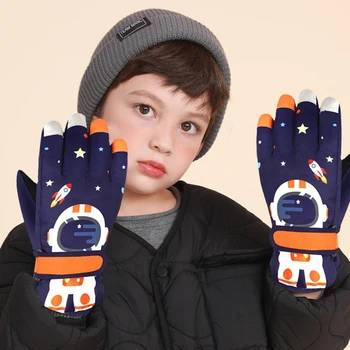 Kids Snow Ski Перчатка Теплая замша на подкладке Длинные манжеты Зимние водонепроницаемые варежки Мультфильм Astronaut Print для мальчиков, девочек и детей