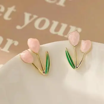Korean Harajuku Sweet Cute Tulip Серьги-гвоздики Свежий компактный дизайн Sense Розово-зеленые серьги-гвоздики Энергичная девушка Ювелирные изделия Подарок