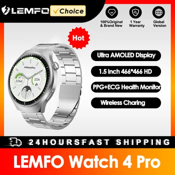 LEMFO Watch 4 Pro Smart Watch Amoled 1,5-дюймовый HD-экран ЭКГ Умные часы 2024 Мужская беспроводная зарядка для телефонных часов Huawei Xiaomi