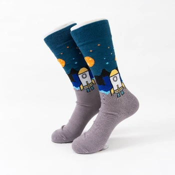 MYORED 1 пара темно-синего дна маленькая ракета мультяшный узор симпатичный мужской парный модный носок средней трубки хлопковые носки