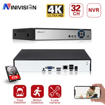 NINIVISION Видеорегистратор для видеонаблюдения с обнаружением лиц/движения 8 Мп 4K 32 канала 32 канала H.265 2 * SATA IP CCTV DVR NVR Удаленный просмотр