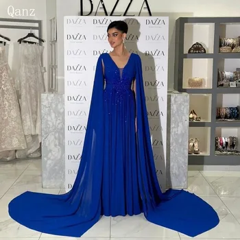 Qanz Chiffion Вечерние платья Длинные A Line Sparkle Вечерние платья с рукавами-шапочками Королевский синий Abendkleid Damen Luxus