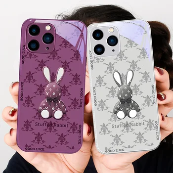 Trendy Bunny для Iphone 14 13 12 11 Pro Max X XS XR 7 8 Plus 2020 SE Фиолетовая металлическая краска Чехол из закаленного стекла