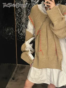TWOTWINSTYLE Свитер в стиле колорблок для женщин Лацкан с длинным рукавом Сращенные пуговицы Вязание Пуловер Зимний свитер Женская мода 2023
