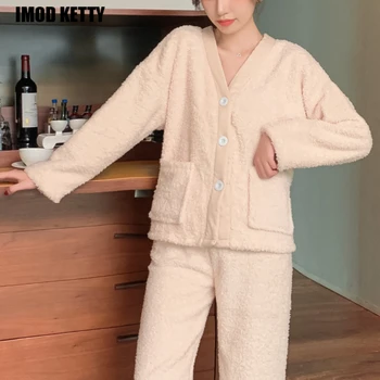 V-образный вырез С длинным рукавом Теплые пижамы Корейские Ins Мода Элегантная фланелевая пижама Зимние коралловые флисовые пижамные комплекты Женщины Твердый Сладкий