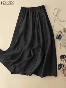 ZANZEA 2023 Летняя женская юбка Однотонная свободная длинная юбка Jupes Эластичная повседневная юбка А-силуэта с высокой талией Корейская мода Holiday Faldas