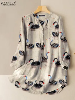 ZANZEA Женская блузка с V-образным вырезом и принтом Повседневные свободные рубашки с длинным рукавом Модные праздничные топы для поездок на работу Оверсайз Винтаж 2023 Туники