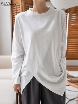 ZANZEA Корейская мода Женская блузка Осень с длинным рукавом Нерегулярный подол Топы Повседневная однотонная туника Женская базовая футболка Элегантная свободная рубашка