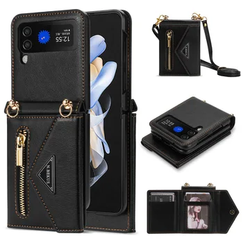 Zipper Card Кошелек Чехол для телефона для Samsung Galaxy Z Flip 3 Flip 4 5G с ремешком Кожаный чехол Flip3 Flip4 Модная сумка через плечо