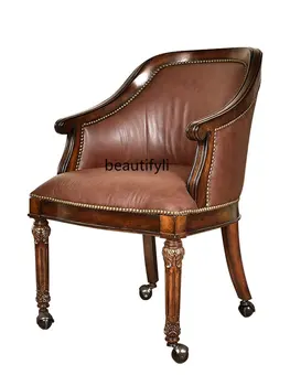  Американский кантри Компьютерное кресло Натуральная кожа из массива дерева РЕТРО Учебное кресло Высококачественное мобильное одноместное кресло-диван