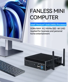 Безвентиляторный промышленный мини-ПК Компьютер Intel Pentium 5405U DDR4 M.2 NVME SSD 4K UHD WiFi Bluetooth WIndows 11 Linux Barebone