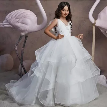 Белый цветок Платья для девочек на свадьбу 2023 Бальное платье Тюль с оборками День рождения Первое причастие Маленькая девочка Малышка Принцесса