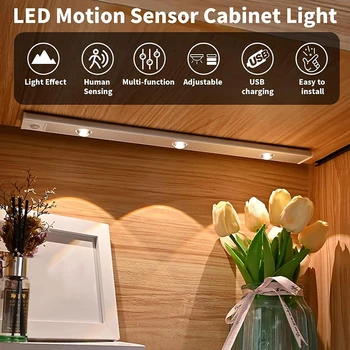 Беспроводной светильник под шкафом с датчиками движения 20/30/40 см USB Аккумуляторная лампа для шкафа Светодиодный кухонный ночник для Bedro