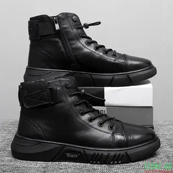 Ботинки Черный PU Кожа Мужская обувь Осень Зима Удобная Повседневная обувь с высоким верхом 2023 Мода Leahter Platform Boots Man