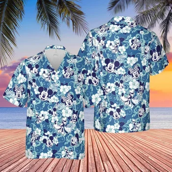 Гавайская рубашка Микки Мауса с цветочным принтом Disney, летняя рубашка на пуговицах, семейная гавайская рубашка Summer Trip, рубашка с Микки Маусом