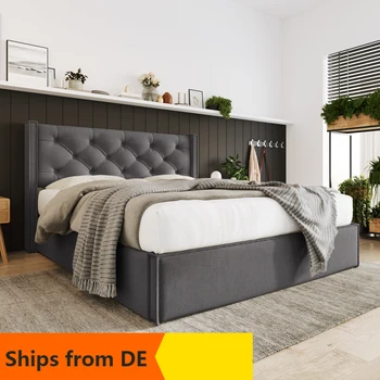 гидравлическая двуспальная кровать мягкая кровать 160x200 см, кровать с металлическим реечным каркасом, современный каркас кровати с местом для хранения, хлопок
