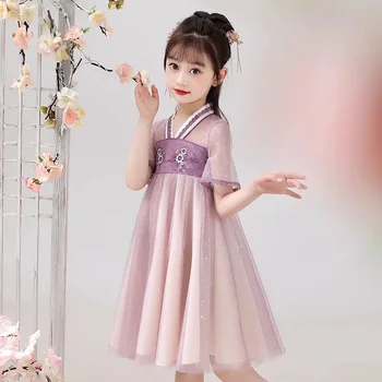 Детское платье для девочек Ханьфу Летняя детская одежда 2023 Новый костюм Тан Китайский стиль Вышивка Пэчворк Сетка Древний костюм