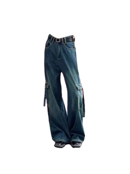 Женские винтажные мешковатые джинсы-карго уличная одежда Y2k Джинсы с высокой талией Джинсовые брюки Harajuku Punk 90-х 2000-х годов Широкие ковбойские брюки