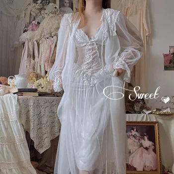 Женщины Французская ночная рубашка Принцесса Пижамы Белое кружевное ночное платье феи Викторианская винтажная ночная рубашка Kawaii Ночная рубашка Домашняя одежда