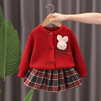 Комплект детских свитеров для девочек осень-зима красный мультяшный кардиган Новогодний комплект с короткой юбкой детский набор для вязания на день рождения комплект из двух частей
