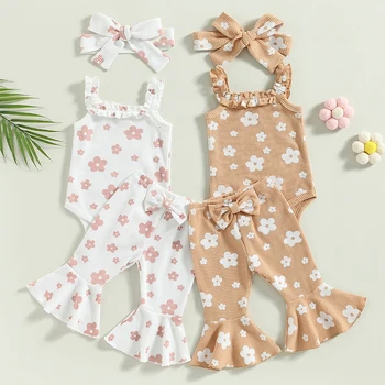 Комплекты летних нарядов для девочек Цветочный комбинезон без рукавов + расклешенные брюки с бантом + повязка на голову
