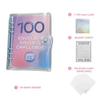  Конверт Советы по экономии денег 100-дневный набор Envelope Challenge Kit Fun Easy Money Saving Binder для 2023 года Планировщик фиксации блестящих пряжек