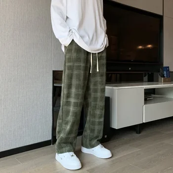 Корейская мода Мужские клетчатые повседневные брюки Свободные прямые широкие штанины Уличная одежда Спортивные штаны Y2k Hip Hop Новинка для мужчин D71