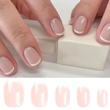  Короткие накладные ногти Мода Круглые французские кончики ногтей Белый край Полное покрытие Накладные ногти для салона