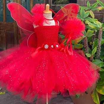 Красное сверкающее платье-пачка феи для девочек Рождественские костюмы для детей Новогодний наряд принцессы на день рождения с крыльями