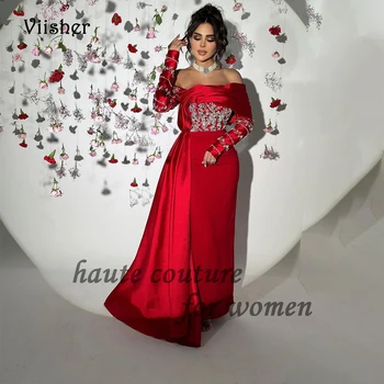 Красный атлас русалка вечерние платья 3/4 рукава бисер корсет роскошное свадебное платье со шлейфом арабское дубайское вечернее выпускное платье