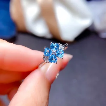 Легкое роскошное открытое кольцо из четырехлистного клевера швейцарского голубого топаза для женщин