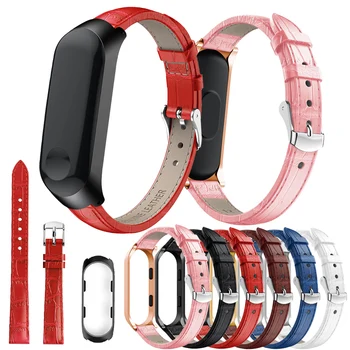 Металлическая рама + кожаный ремешок для часов Xiaomi Mi Band 4 3 Многоцветный спортивный смарт-браслет Ремешок Замена браслета для Miband 3 4