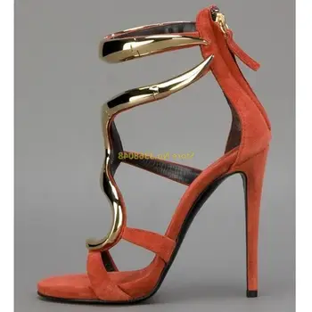 Металлический Золотой Змея Дизайн Сандалии Открытый Носок Шпилька Высокий Каблук Чехол Каблук Назад Молния Замша Вырез Мода Женщины Платье Обувь